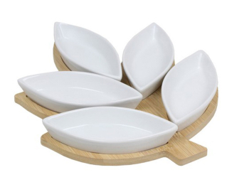 Plateau bambou feuille 30x25 + 5 pots